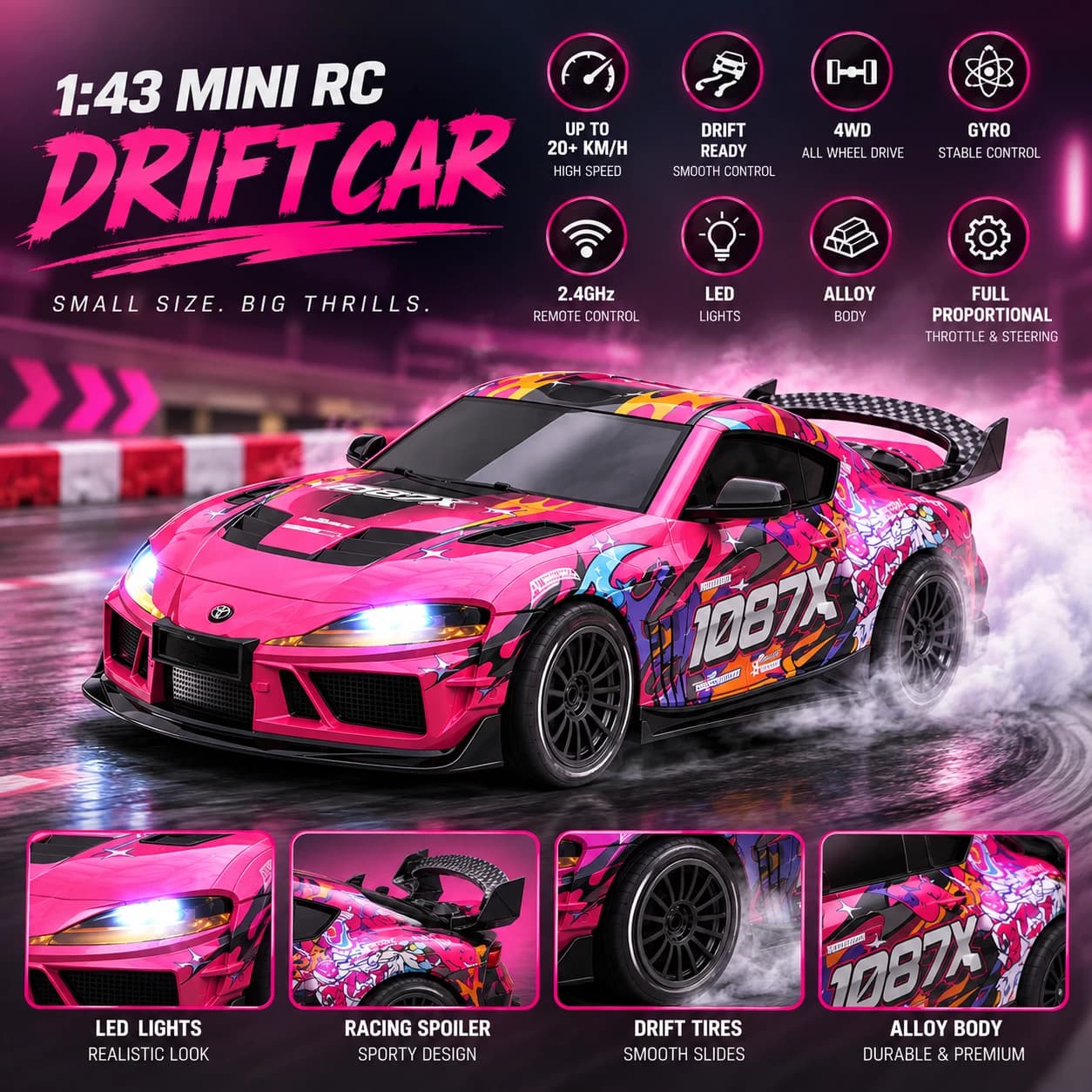 JXC 1:43 Toyota Supra 1087X RC Drift Car – 4WD, Gyro & 2.4GHz Proportional Control 2