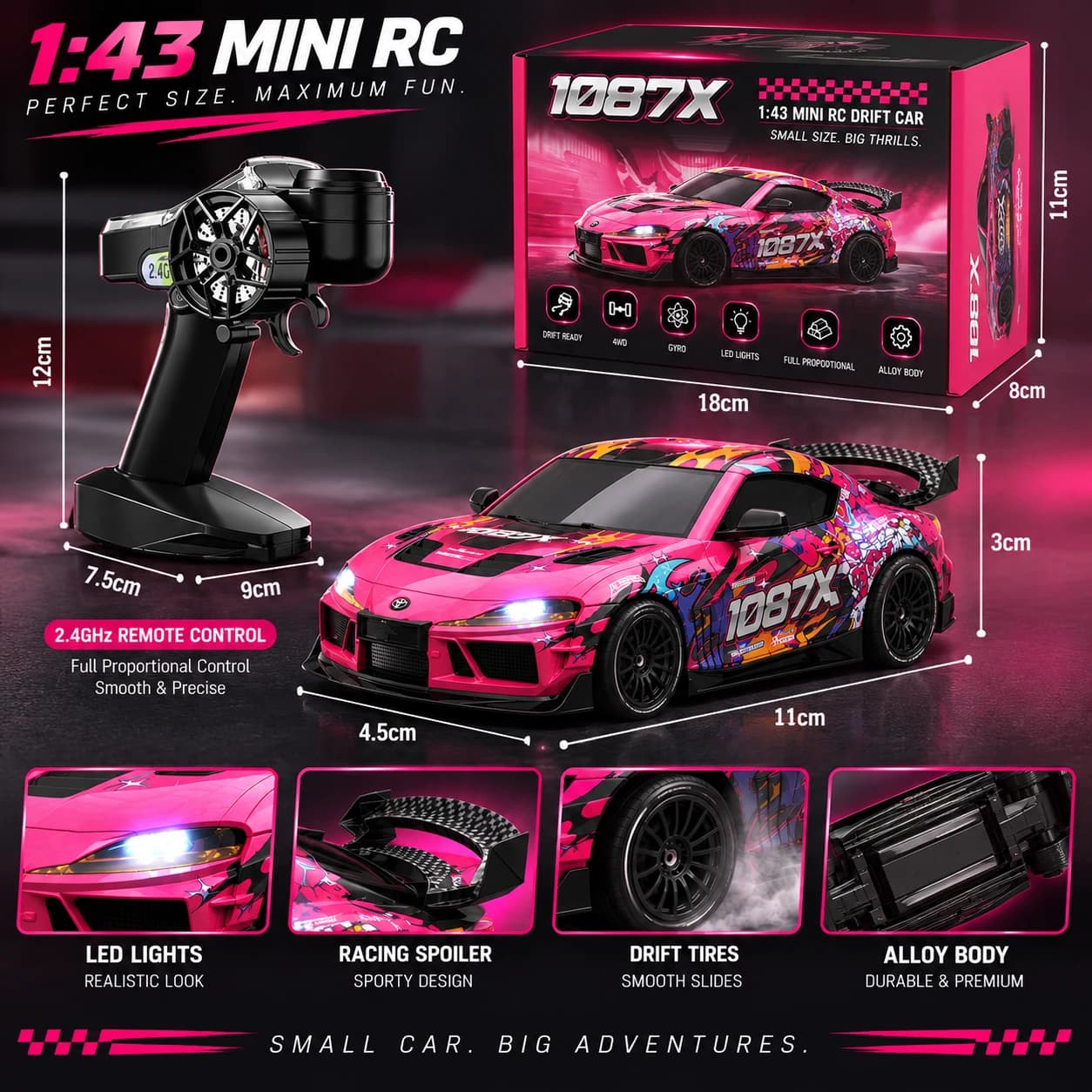 JXC 1:43 Toyota Supra 1087X RC Drift Car – 4WD, Gyro & 2.4GHz Proportional Control 3