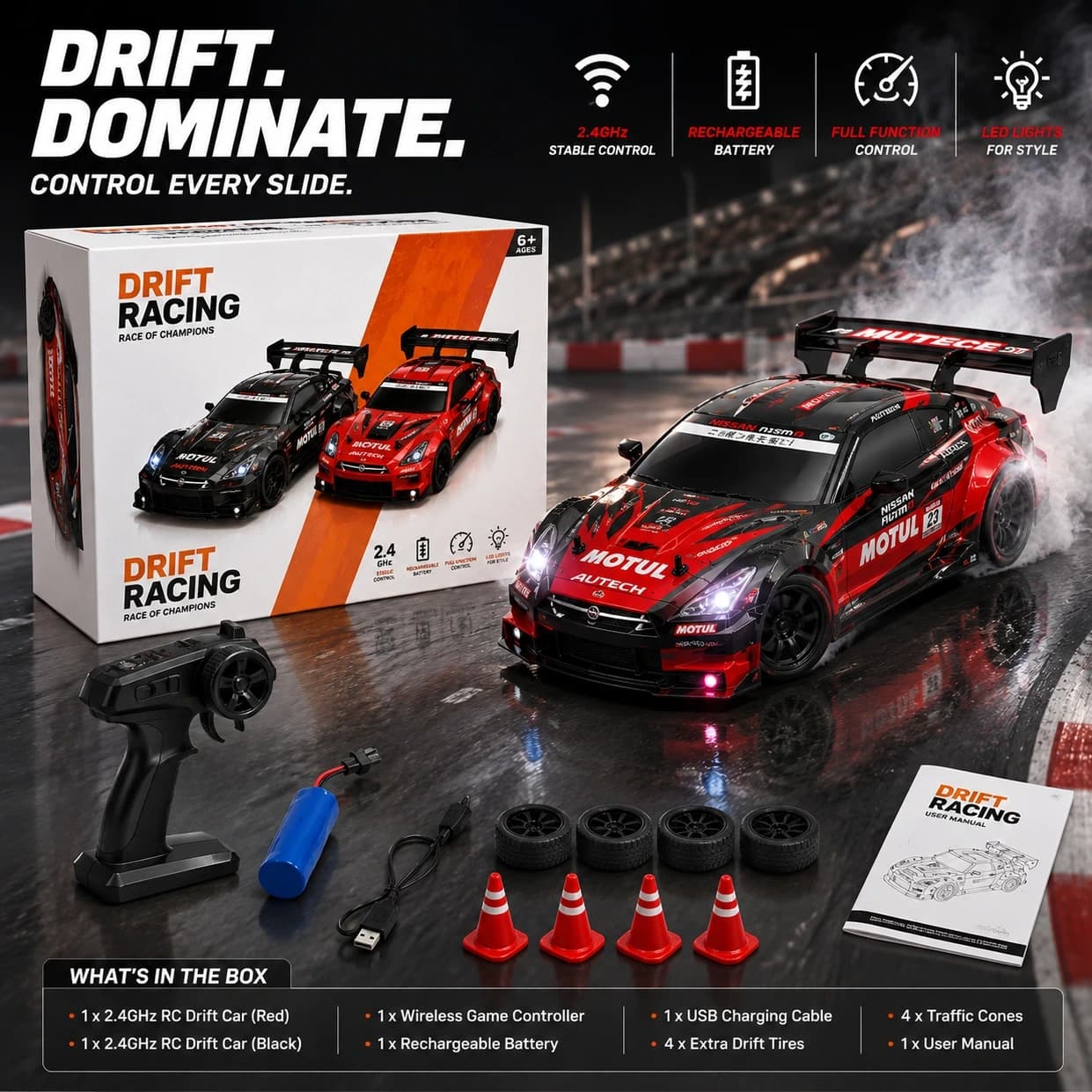 1:24 High-Speed RC Drift Car – Up to 24 km/h | 2.4GHz Remote, LED Lights & Rechargeable Battery 6
