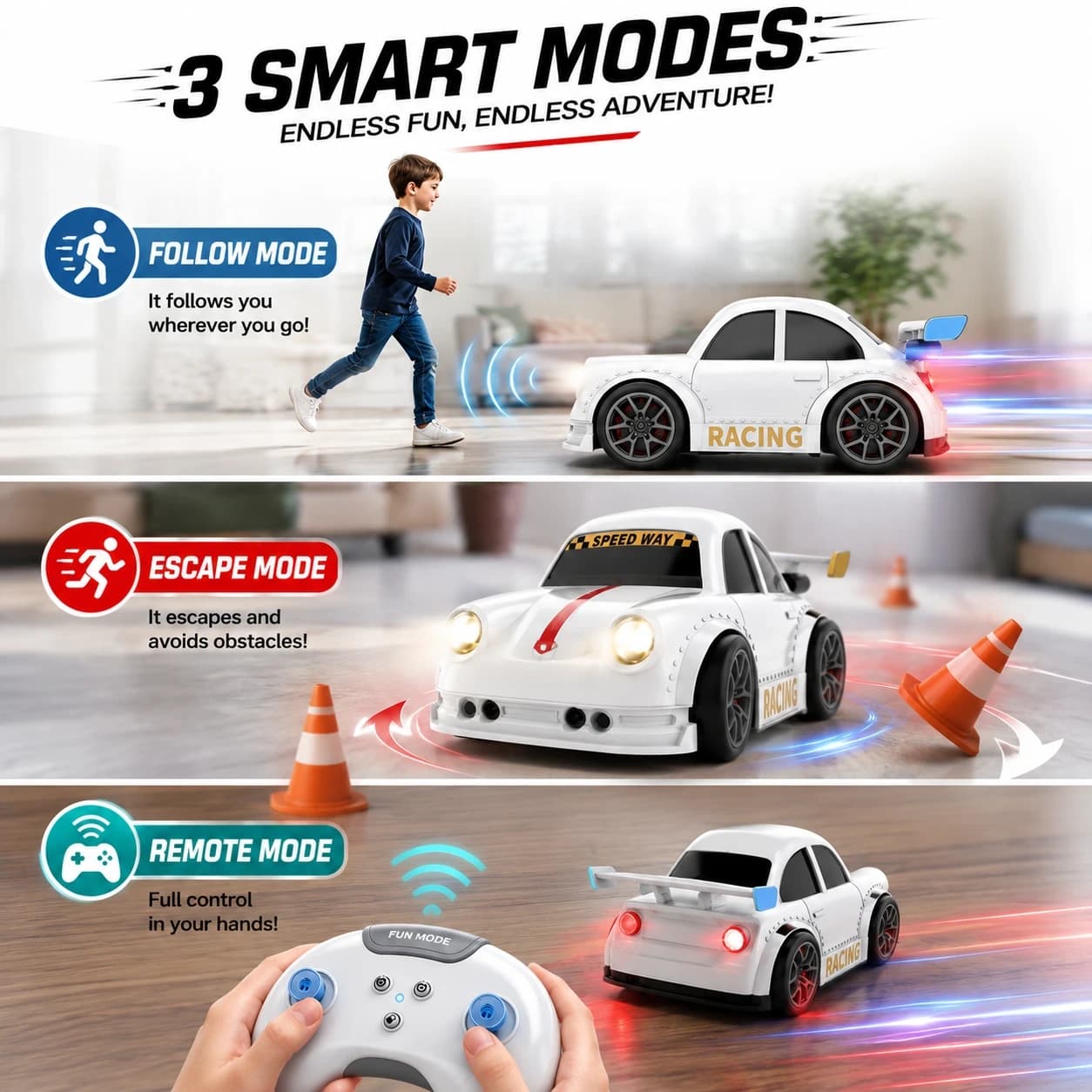 Smart Gesture Control RC Racing Car for Kids – 1:16 Scale | Follow & Escape Mode, LED & Rechargeable 3