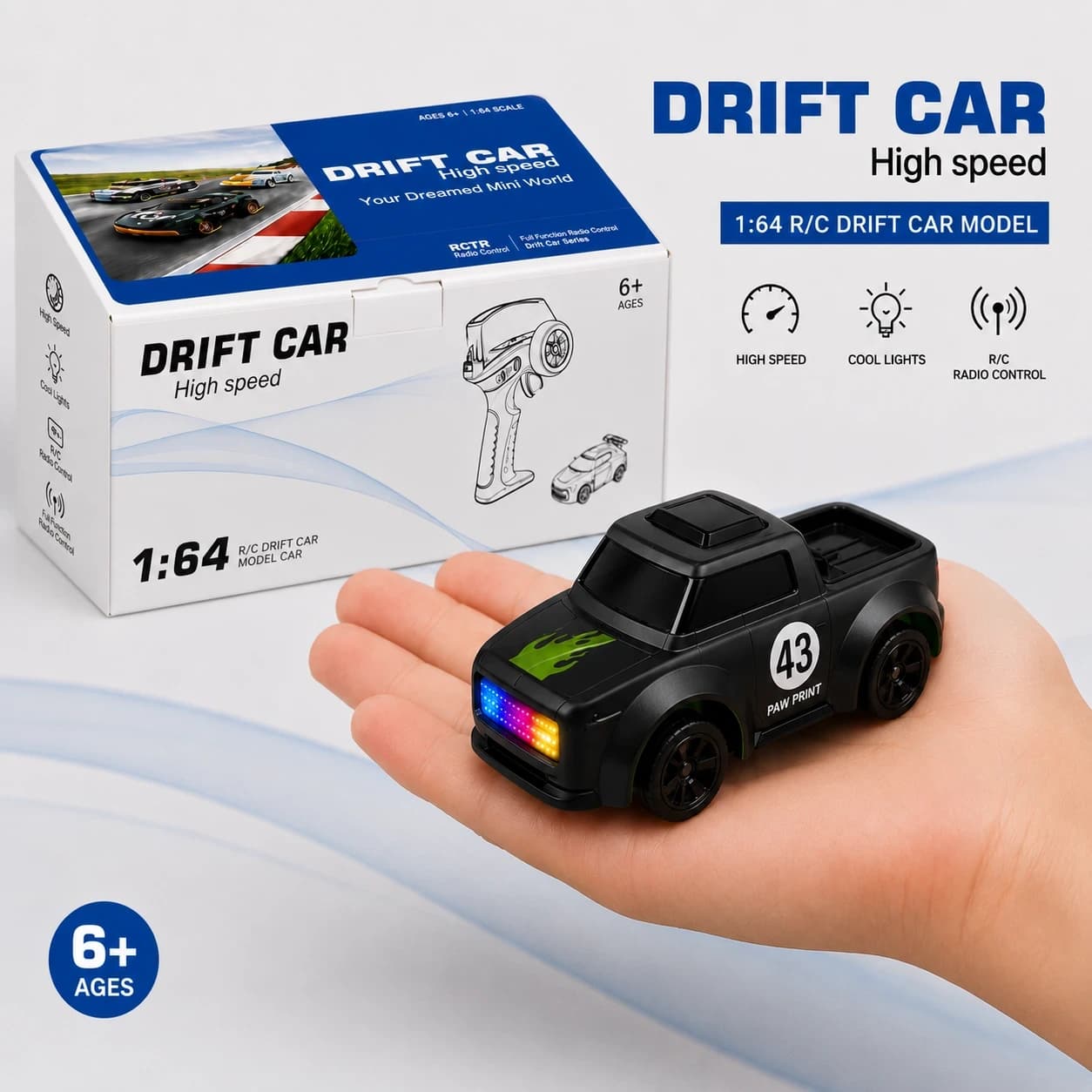 1:64 Mini RC Drift Car – 2.4GHz Remote | Rechargeable Battery & LED Lights 3