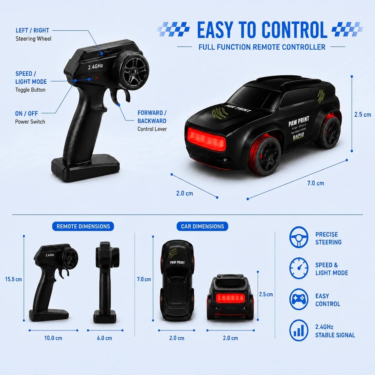 1:64 Mini RC Drift Car – 2.4GHz Remote | Rechargeable Battery & LED Lights 4