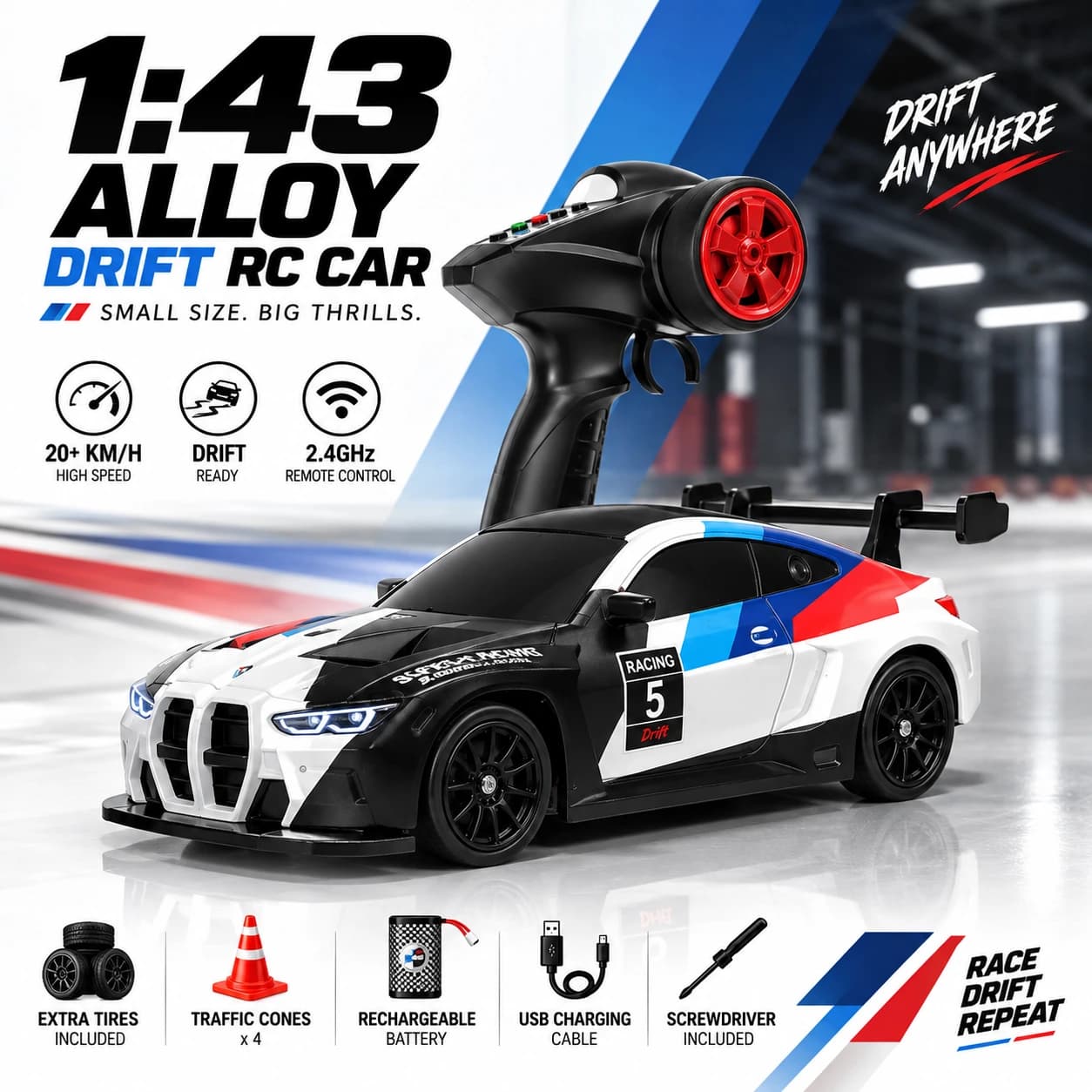 1:43 BMW M4 GT3-Inspired RC Drift Car – 4WD Alloy Body, Gyro & LED Lights 2